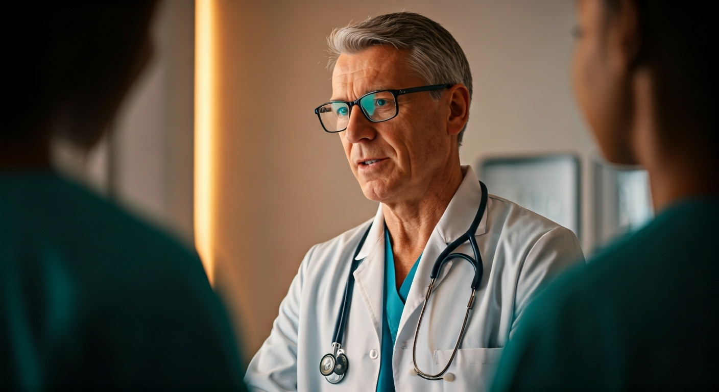 Multilingual doctor with employees